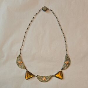 Vintage Art Deco 1920s Delicate Brass Filigree Necklace Golden Orange